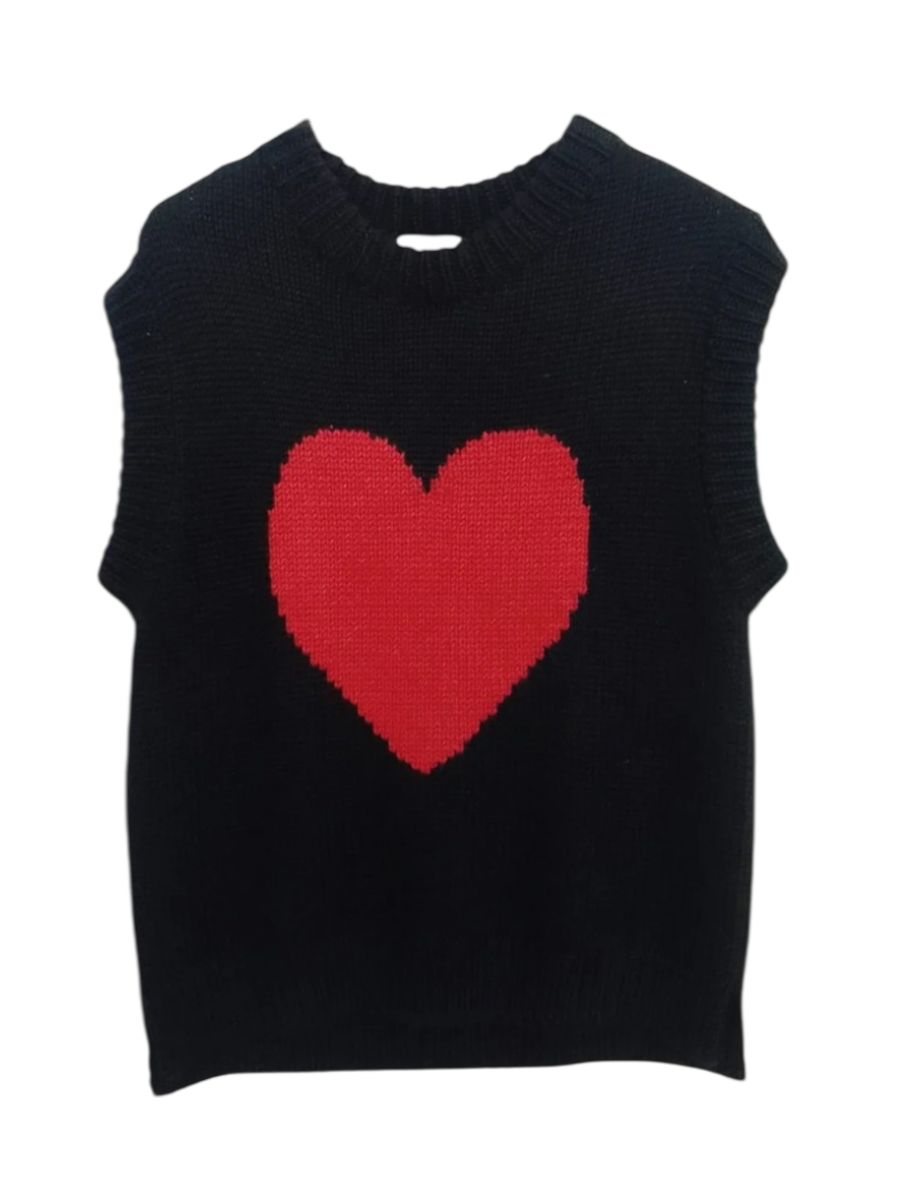 Black sleeveless sweater vest with a red heart design on a white background