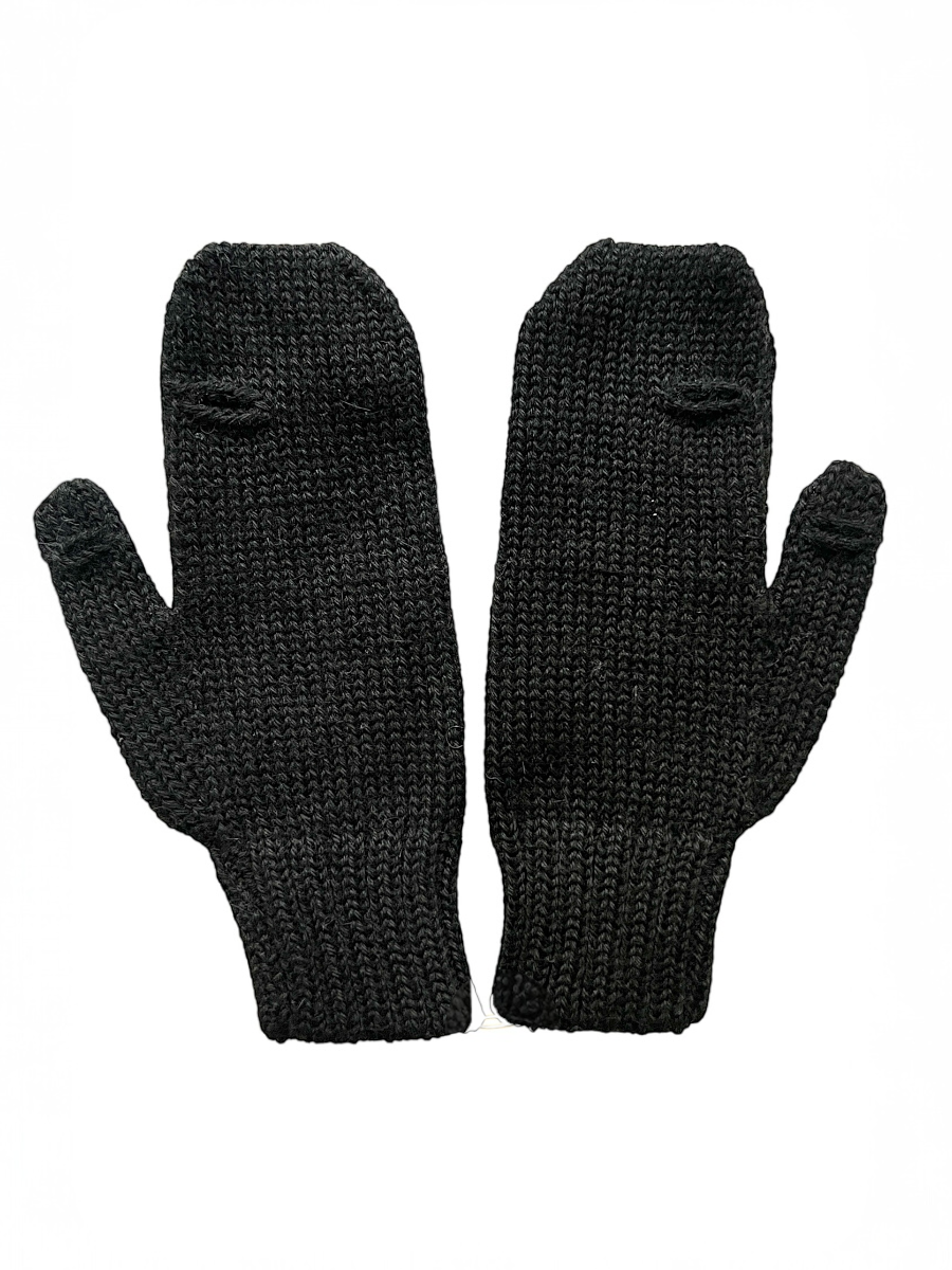 Pair of black chunky knit alpaca gloves on a white background