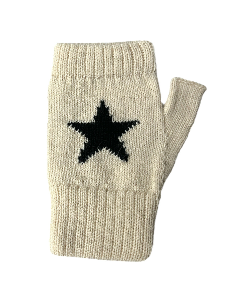 Knitted fingerless glove with a black star design on a white background