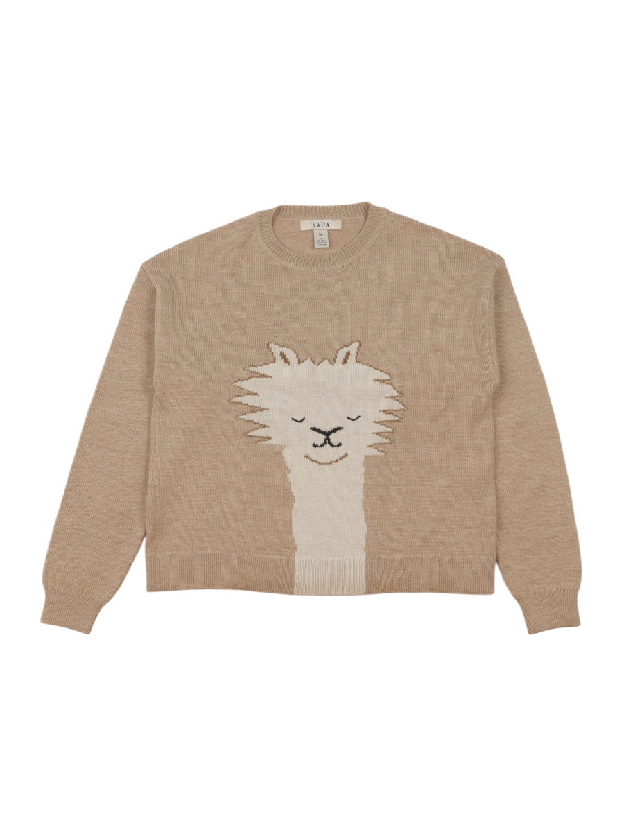 beige alpaca knitted sweater with an alpaca face design