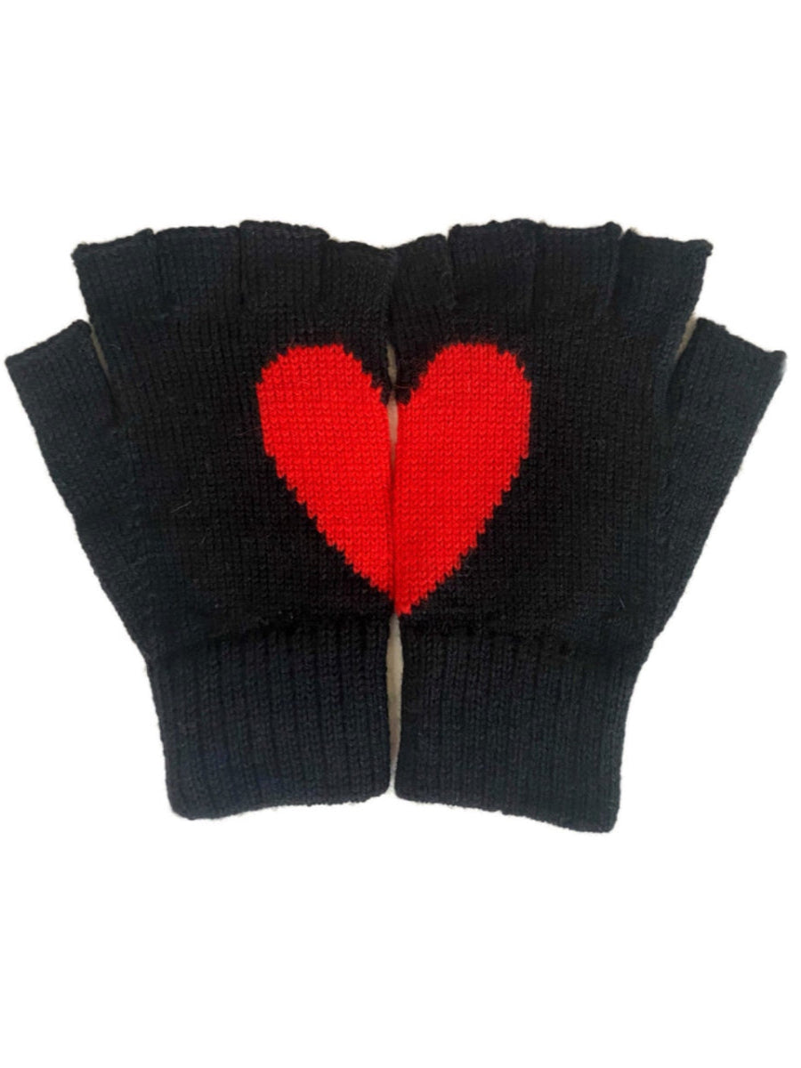 black alpaca knitted fingerless gloves with a red heart design that is formed when the hands are put together