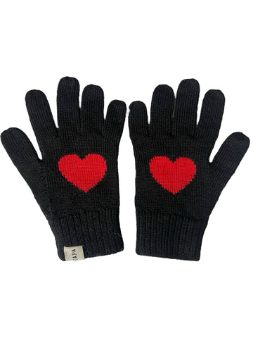 black alpaca knitted gloves with a red heart design in each hand