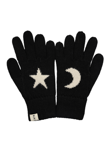 black alpaca knitted gloves with a white star and moon design in each hand