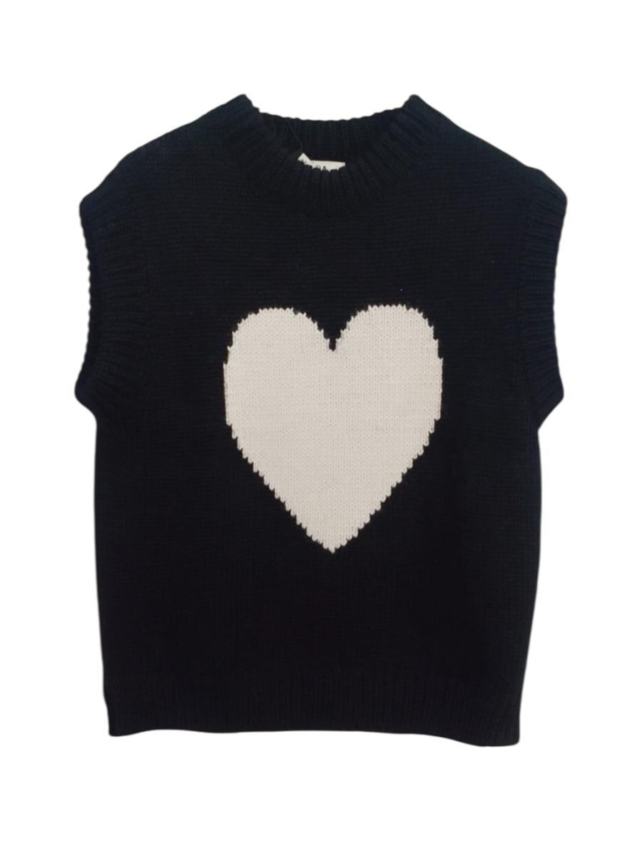 black knitted vest with a white heart over a white background