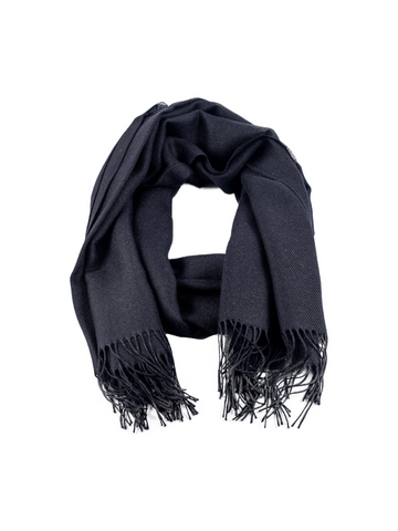 Solid black alpaca scarf featuring a soft woven texture and fringed edges, shown against a plain background.