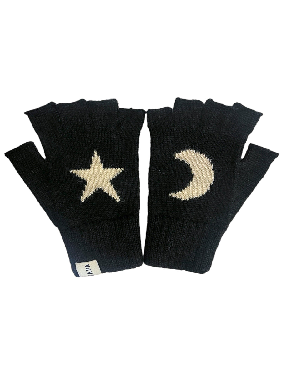 black fingerless alpaca knitted gloves with a white star and moon design