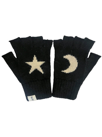 black fingerless alpaca knitted gloves with a white star and moon design