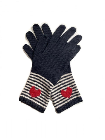alpaca knitted blue gloves with stripped white lines design on the wrist with a red heart detail