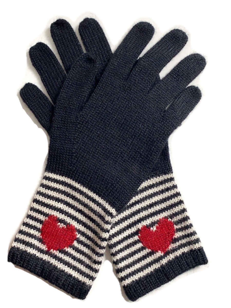 alpaca knitted blue gloves with stripped white lines design on the wrist with a red heart detail
