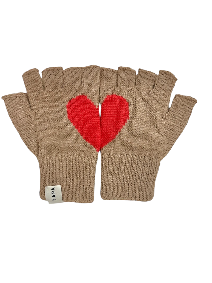 camel alpaca knitted fingerless gloves with a red heart design that is formed when the hands are put together