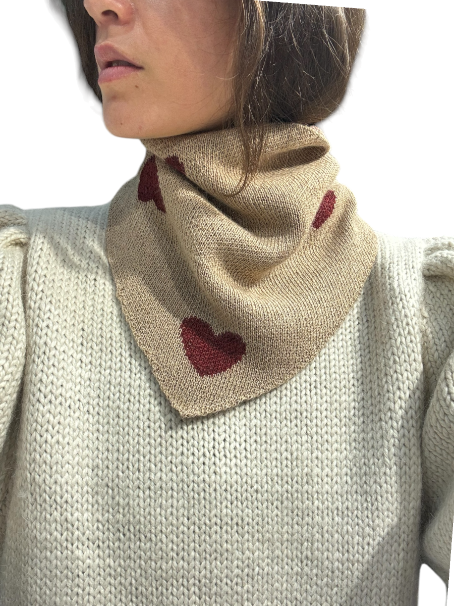 camel baby alpaca bandana with brown heart design styled with a yapa sweater