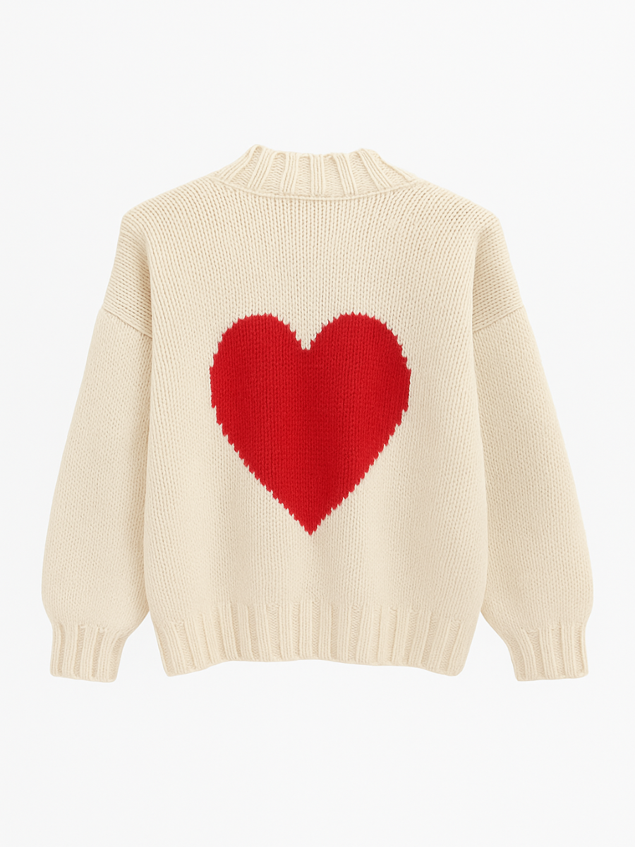 Cream-colored sweater with a red heart design on a white background