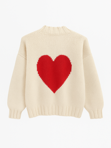 Cream-colored sweater with a red heart design on a white background