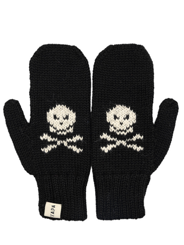 Black gloves with skull and crossbones design knitted on alpaca wool on a white background