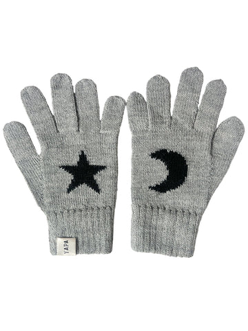 grey alpaca knitted gloves with a black star and moon design in each hand