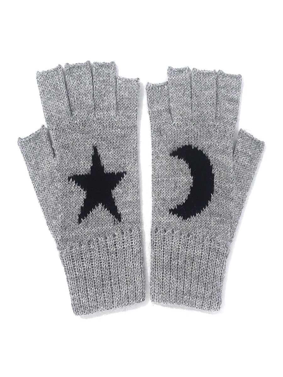 grey fingerless alpaca knitted gloves with a black star and moon design