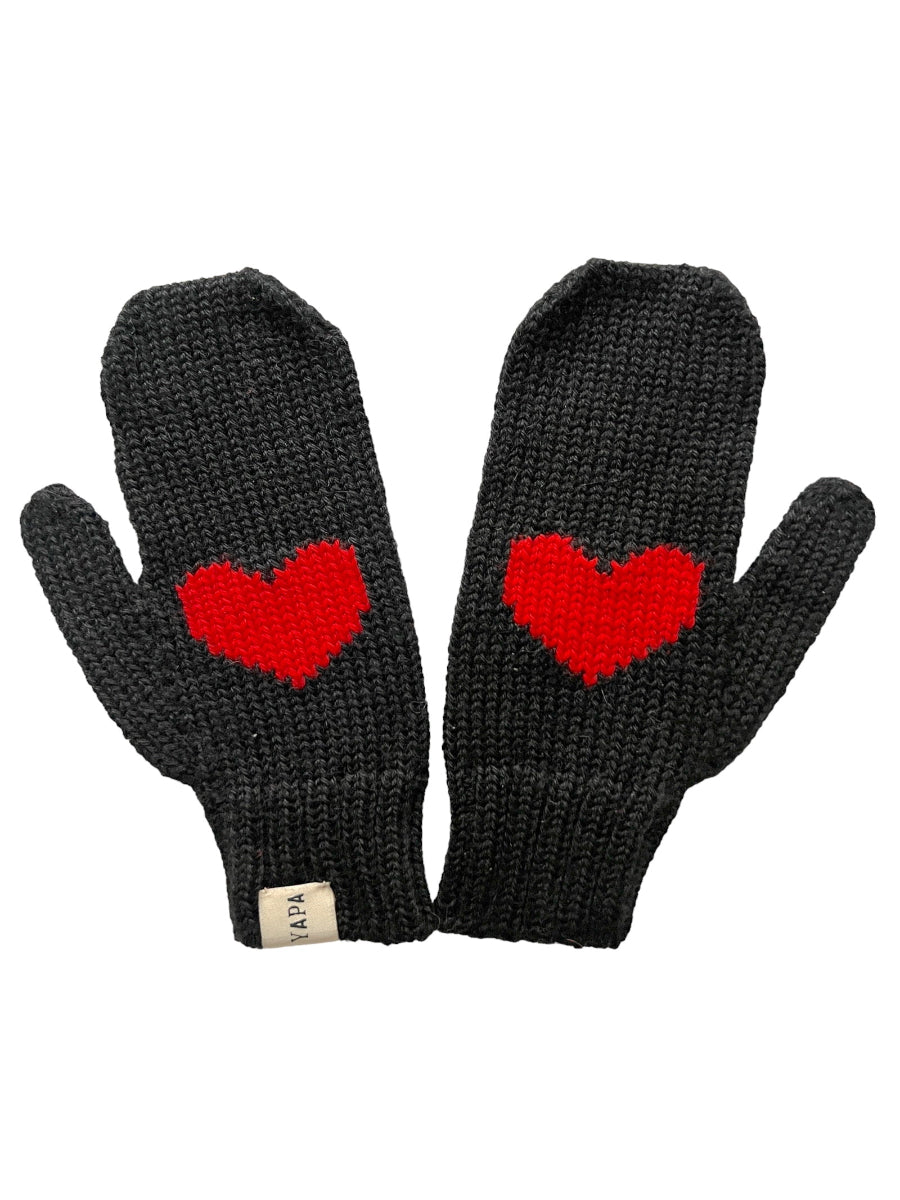black alpaca knitted mittens with a red heart design