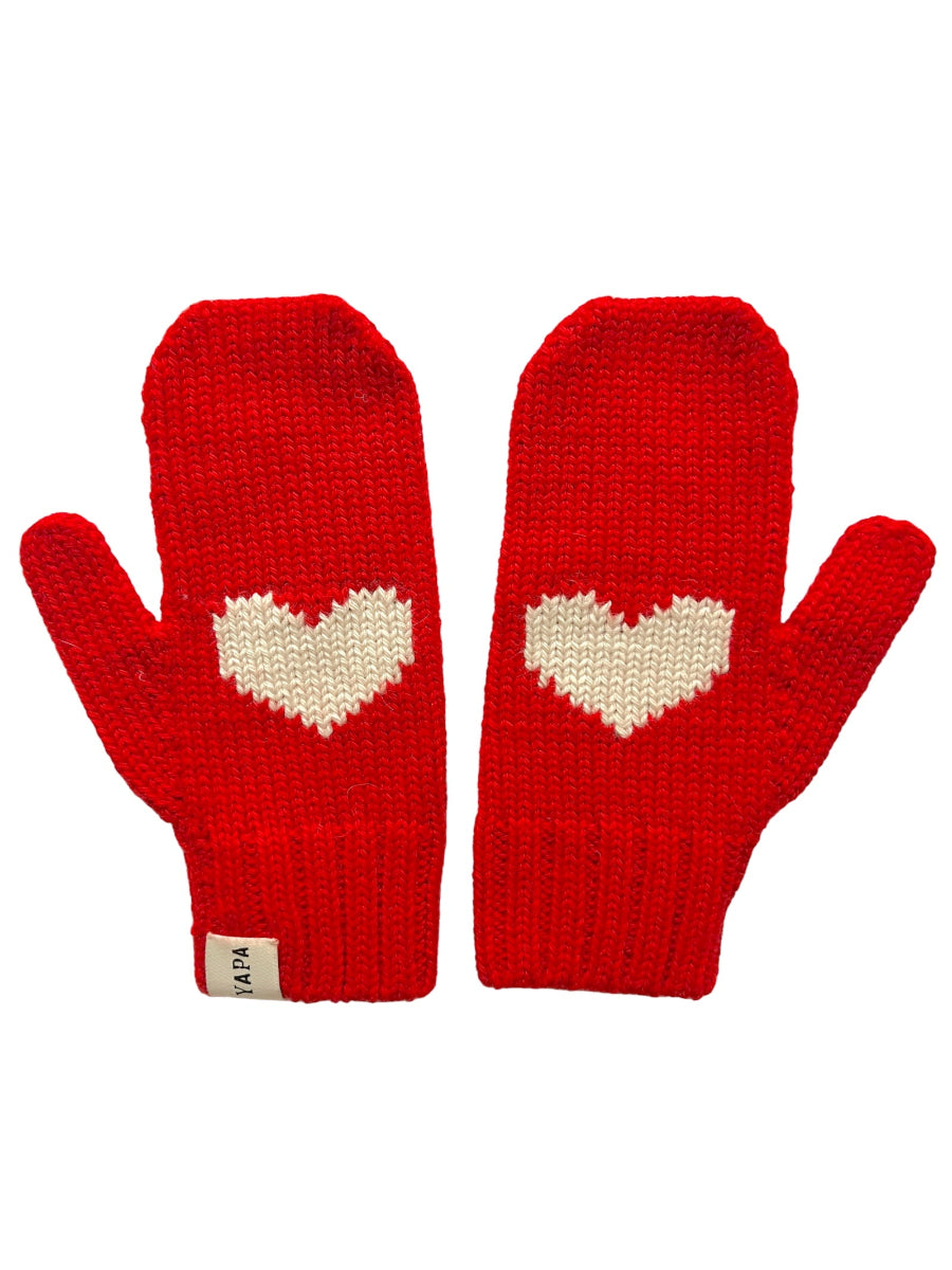 red llama knitted mittens with a white heart design