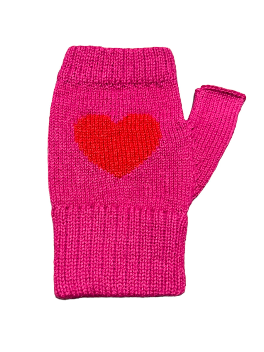 hot pink alpaca wool mittens with a heart design on the back of the hands, displayed against a white background.