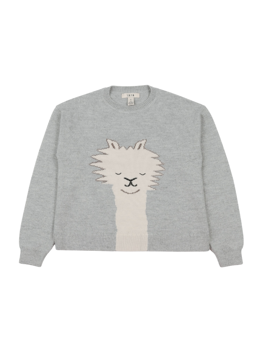 light grey alpaca knitted sweater with an alpaca face design