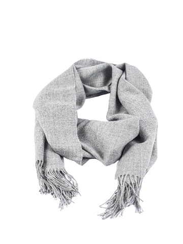 light grey alpaca scarf featuring a soft woven texture and fringed edges, shown against a plain background.