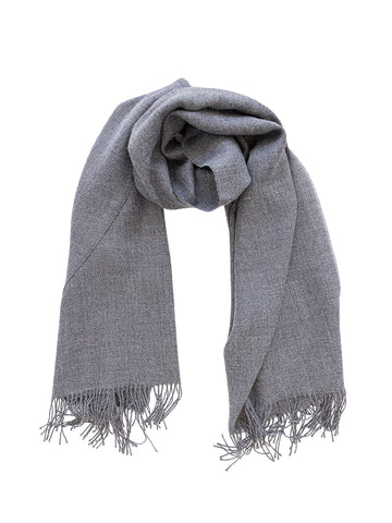 medium grey alpaca scarf featuring a soft woven texture and fringed edges, shown against a plain background.