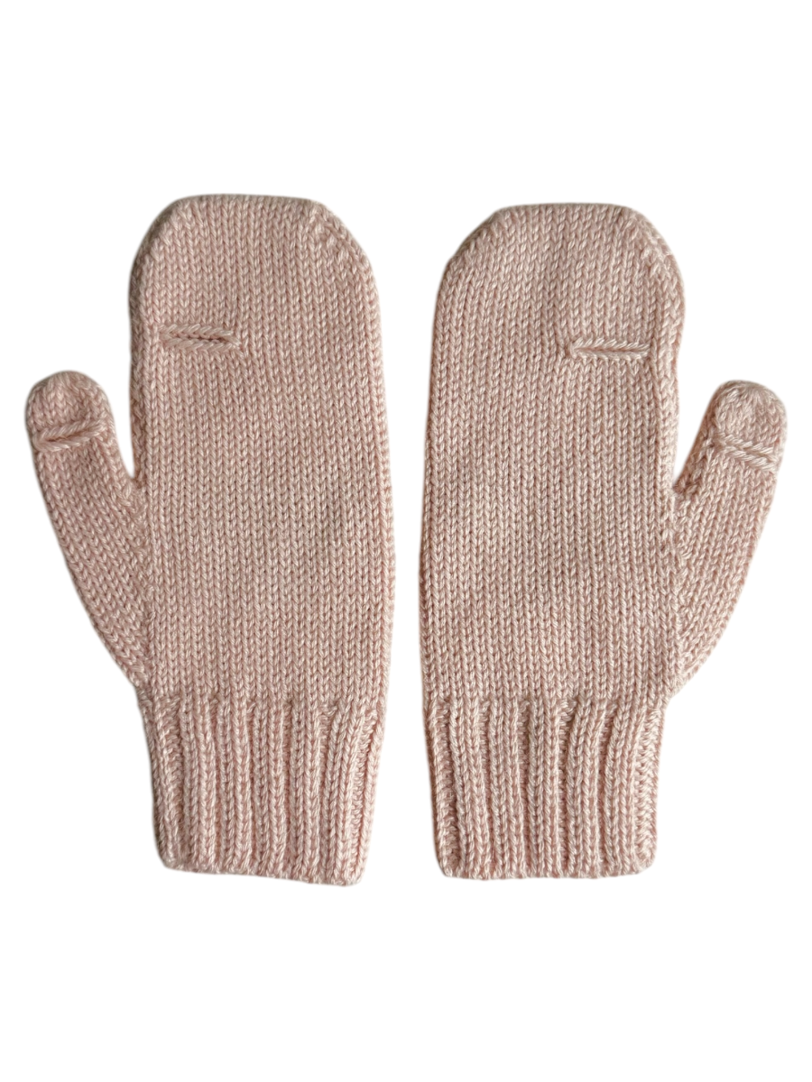 soft pink alpaca knitted mittens with a black heart design with holes for the thumb and index finger