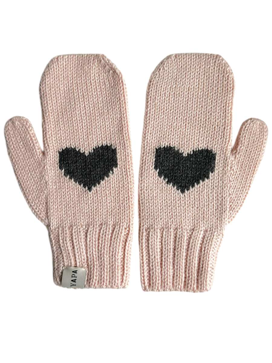 soft pink alpaca knitted mittens with a grey heart design