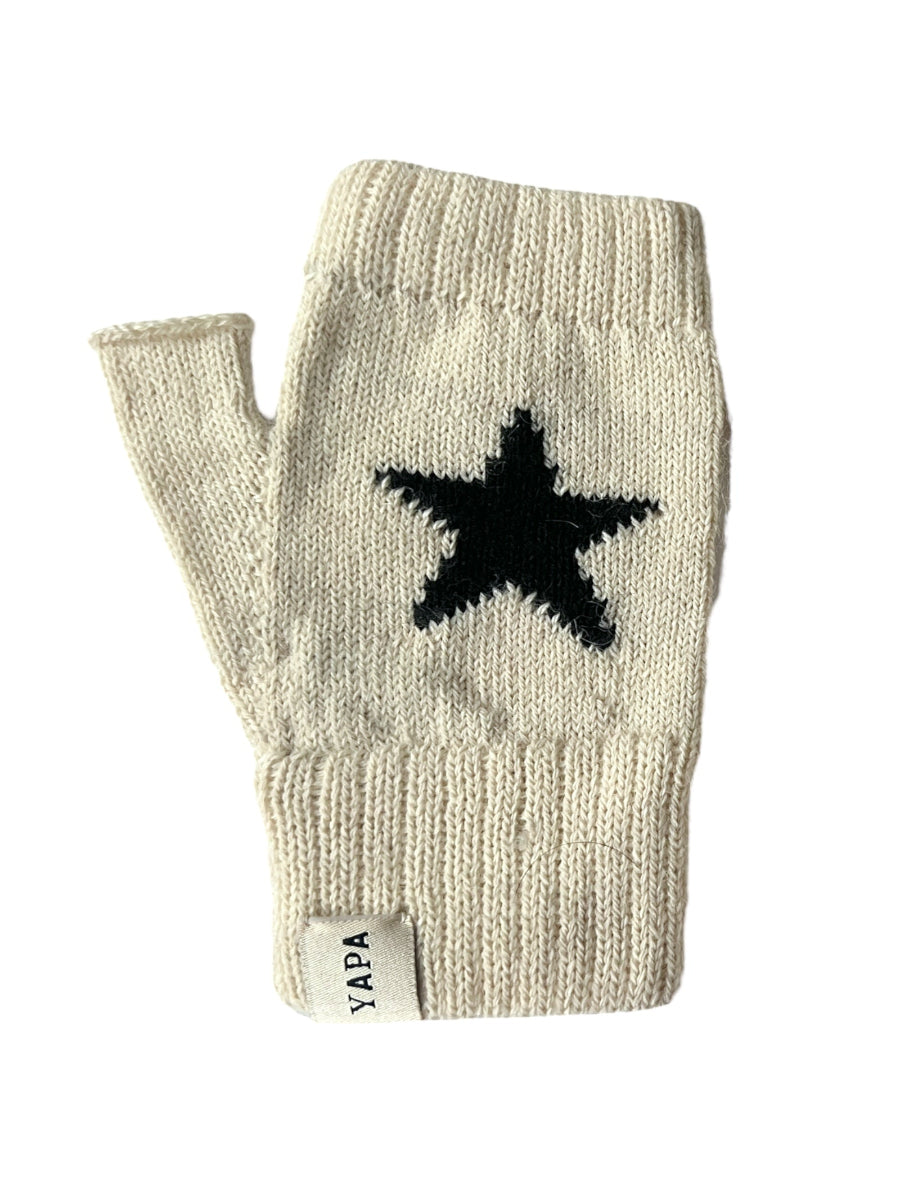 white fingerless glove with black star design on a white background