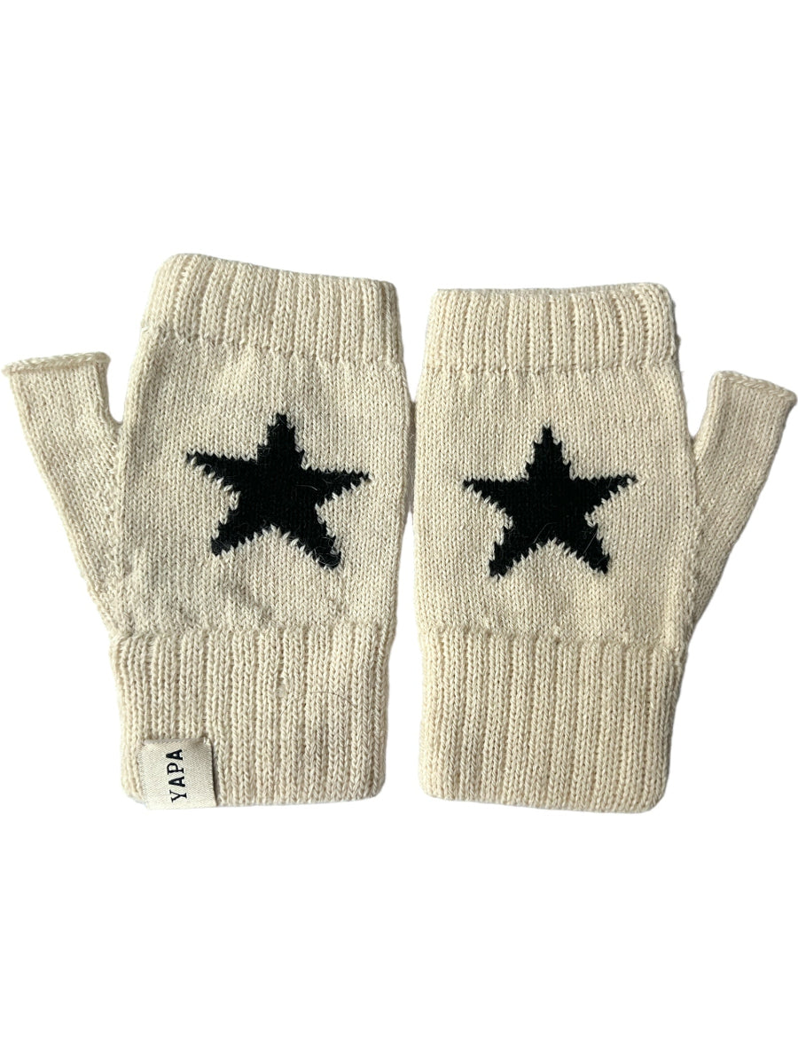 Pair of white fingerless gloves with black star designs on a white background