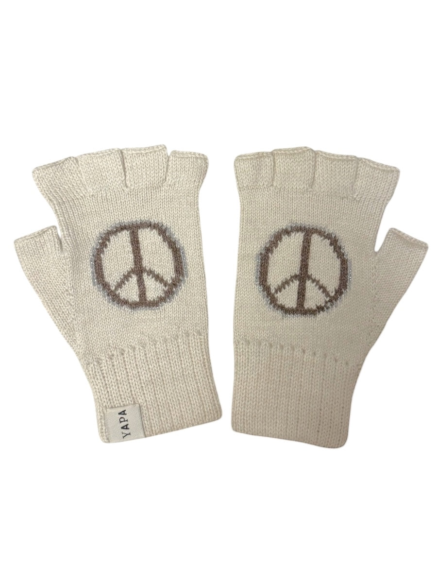 black alpaca fingerless gloves with a white peace sign design in each hand