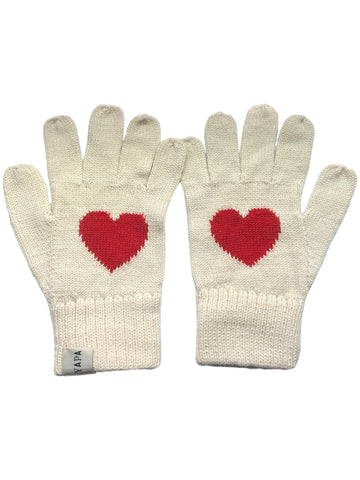 white alpaca knitted gloves with a red heart design in each hand