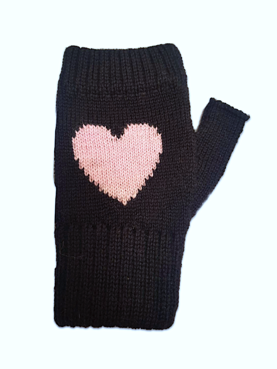 soft baby alpaca black gloves with a pink heart