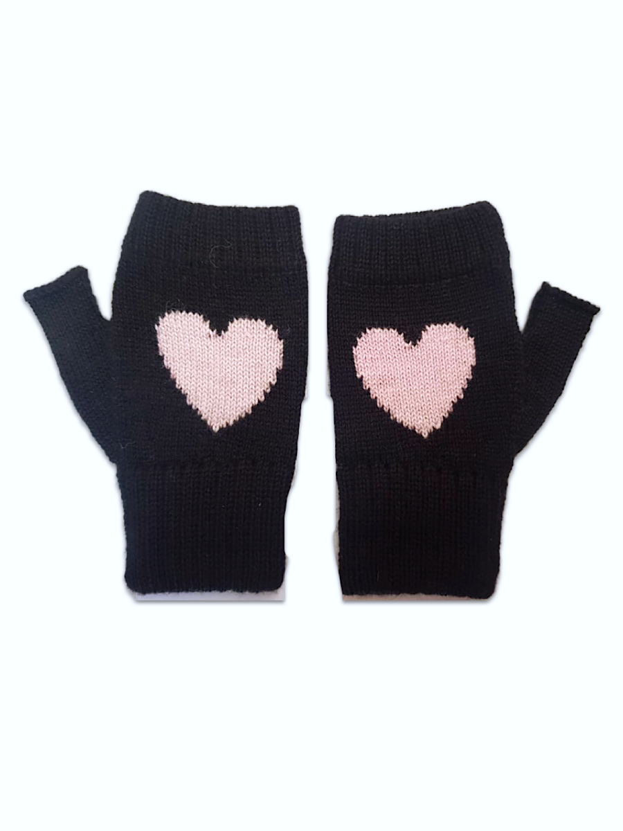 a pair of soft alpaca mittens with a pink heart design on the front, displayed against a white background.