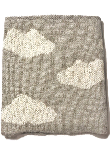 light grey baby alpaca neck warmer with white clouds design