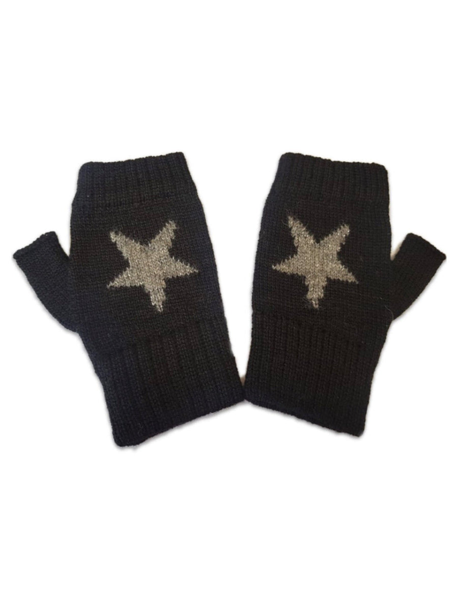 pair of black star alpaca mittens on whit background