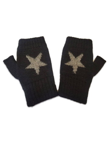 pair of black star alpaca mittens on whit background