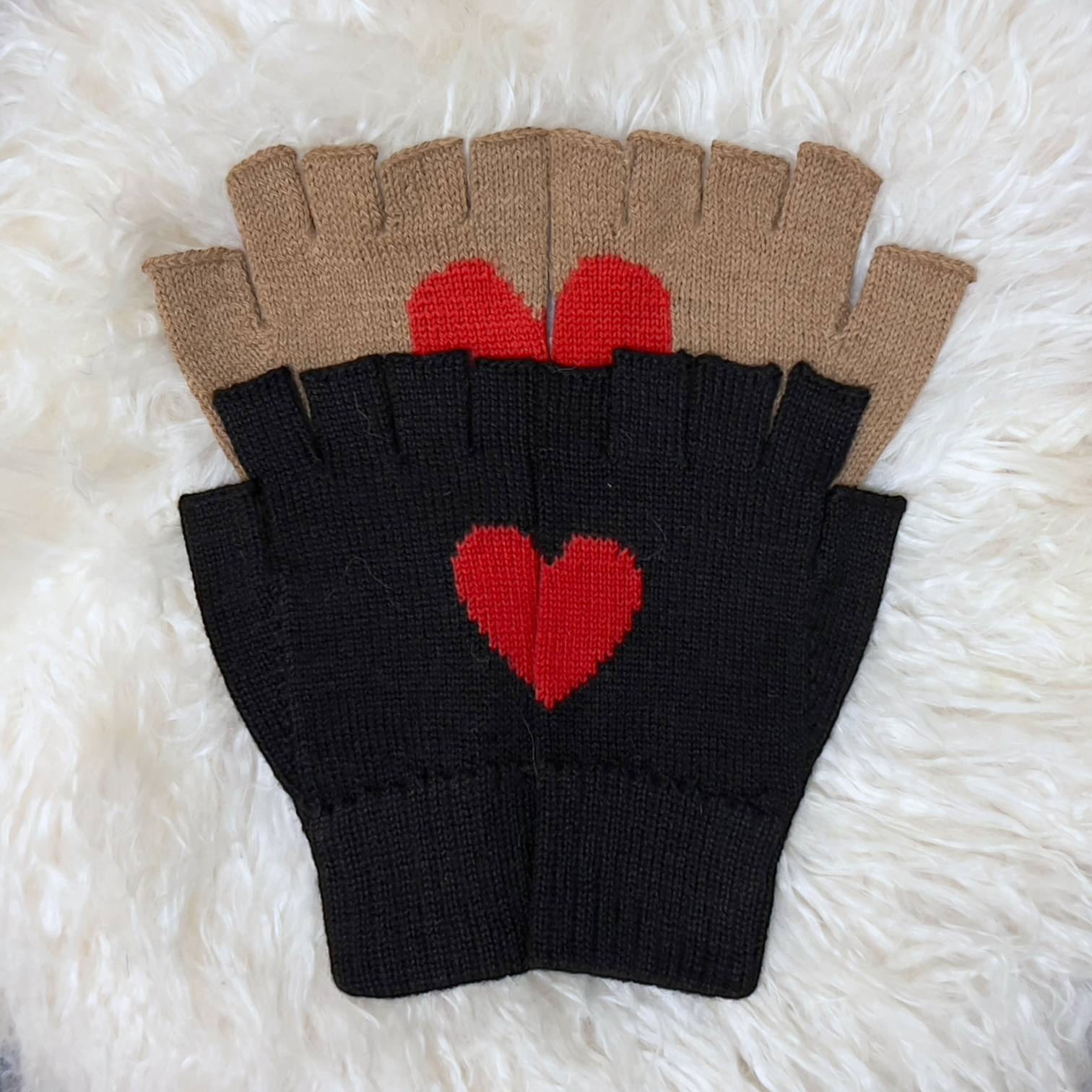 heart fingerless gloves camel with a red a red hear and black with the red heart 
