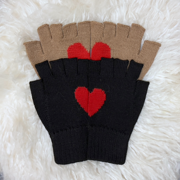 heart fingerless gloves camel with a red a red hear and black with the red heart 