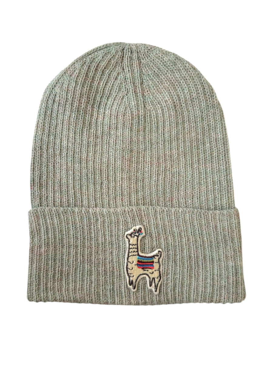 Green beanie with a llama embroidered on a white background