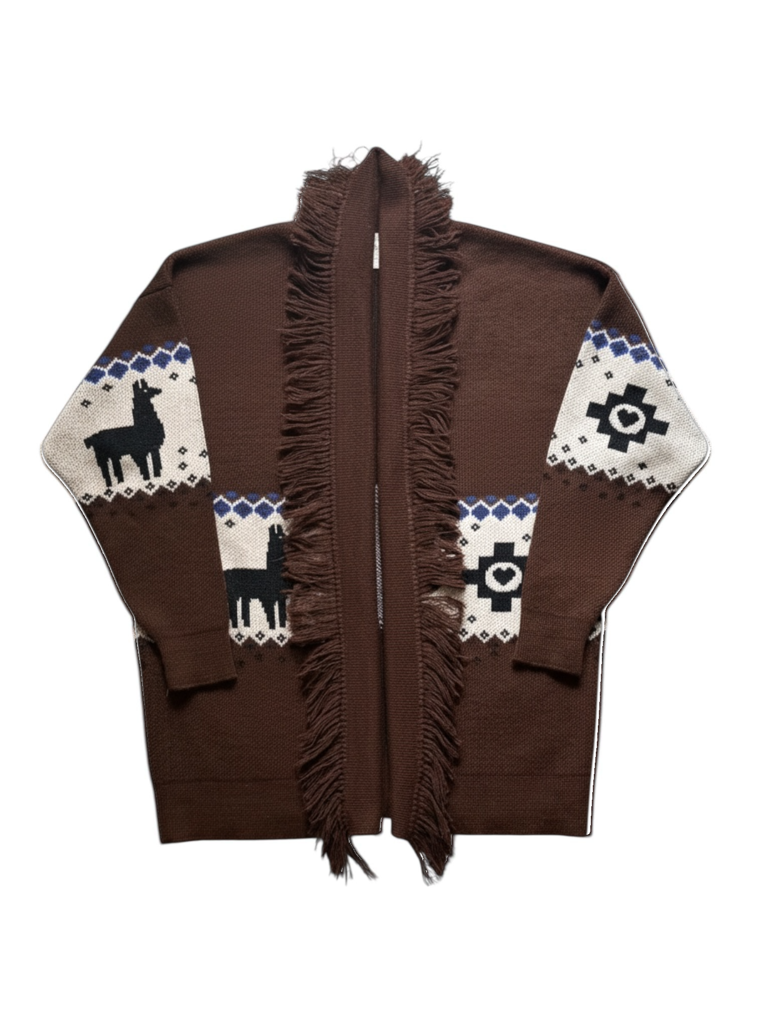 Brown poncho with llama designs and fringes on a white background