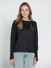 Load image into Gallery viewer, Woman wearing a black alpaca sweater with embroidered design of the Empire State Building and &#39;NYC&#39; on a white background
