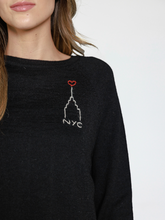 Load image into Gallery viewer, Black sweater with embroidered design of the Empire State Building and &#39;NYC&#39; on a white background
