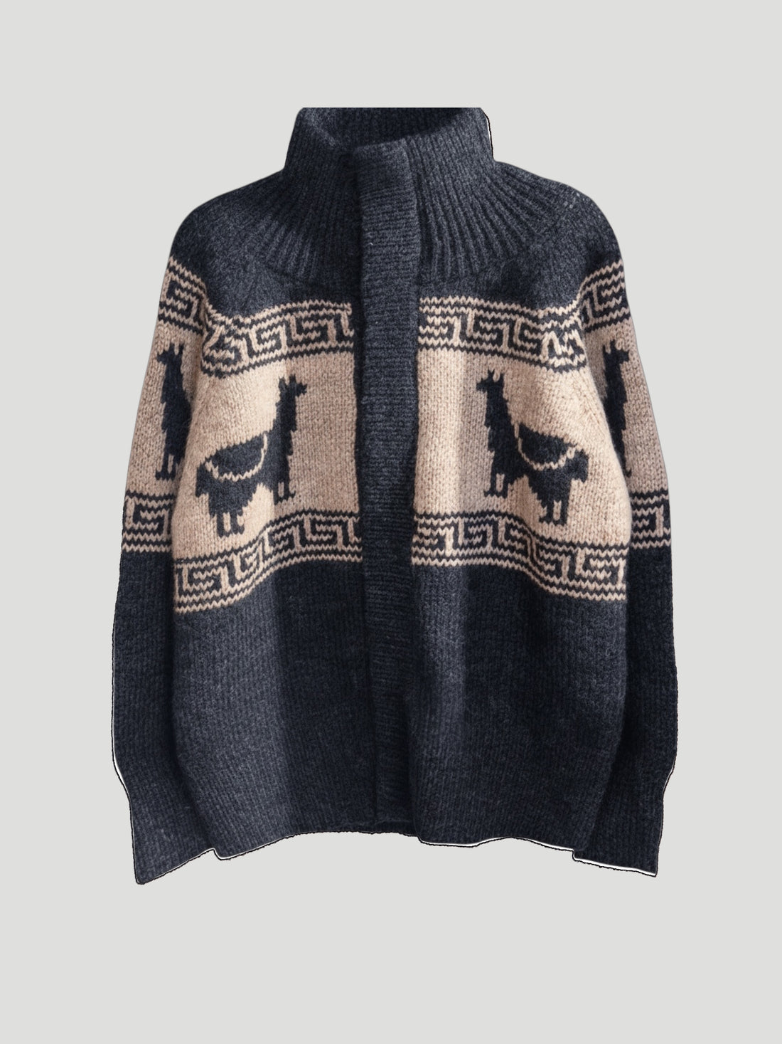 A dark grey knit button up sweater featuring light beige panels with black alpaca silhouettes, shown against a neutral light gray background.