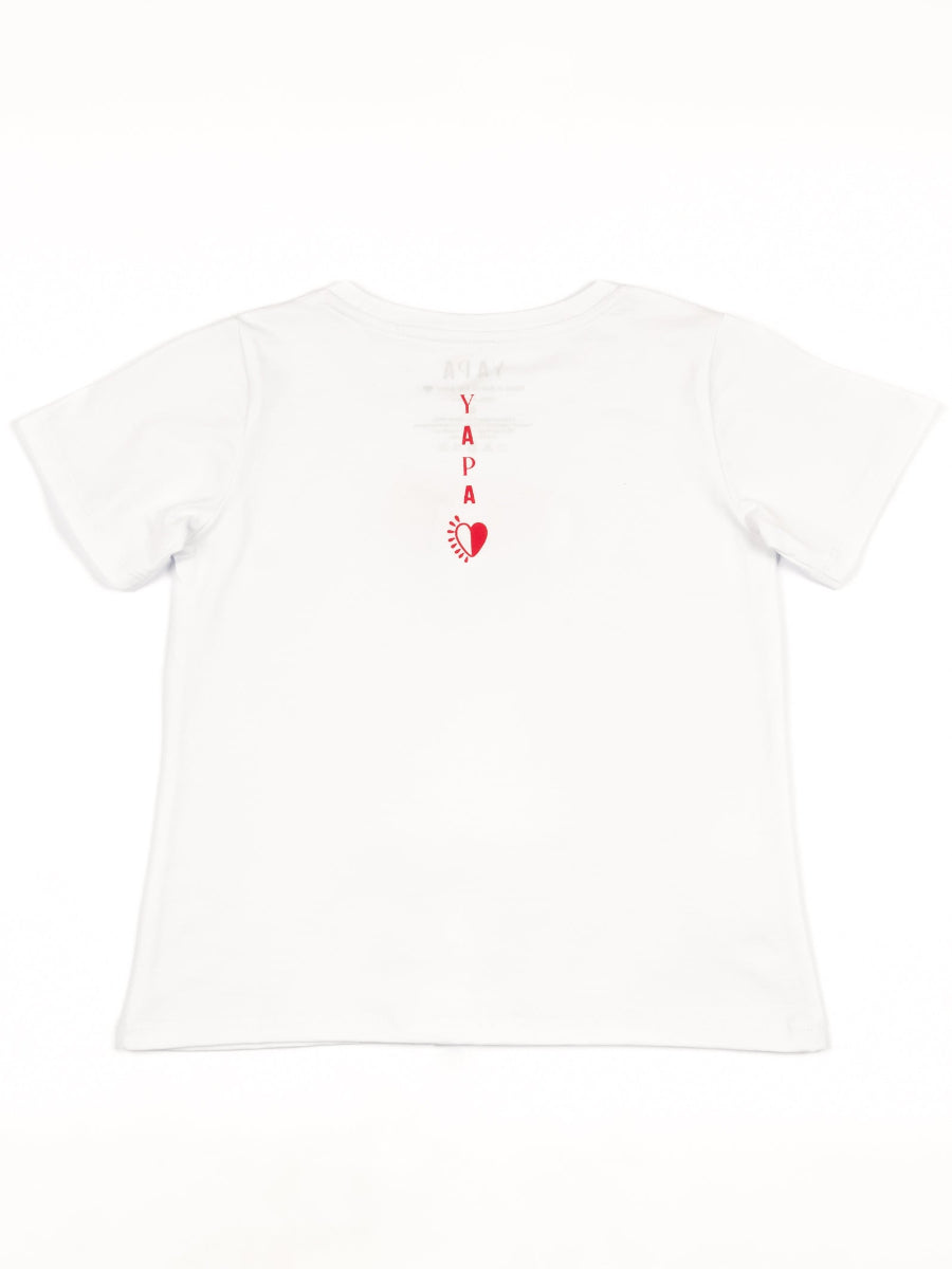 White cotton t-shirt with the yapa logo in red on the back