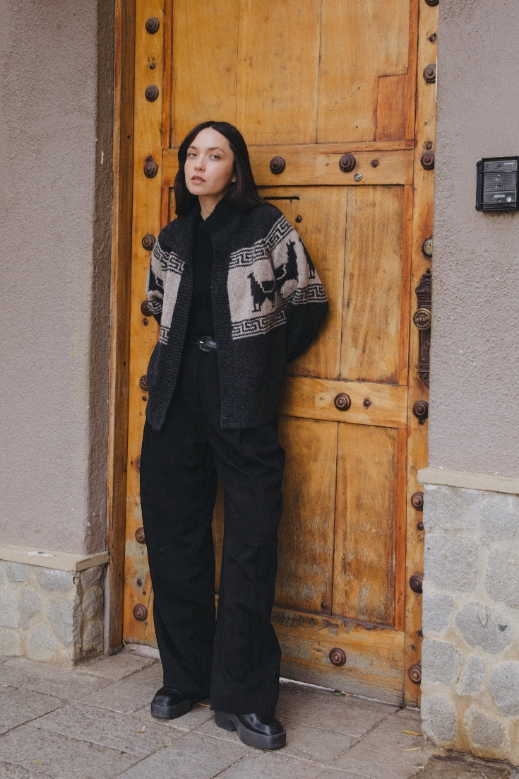 A dark grey knit button up sweater featuring light beige panels with black alpaca silhouettes, shown against a neutral light gray background.