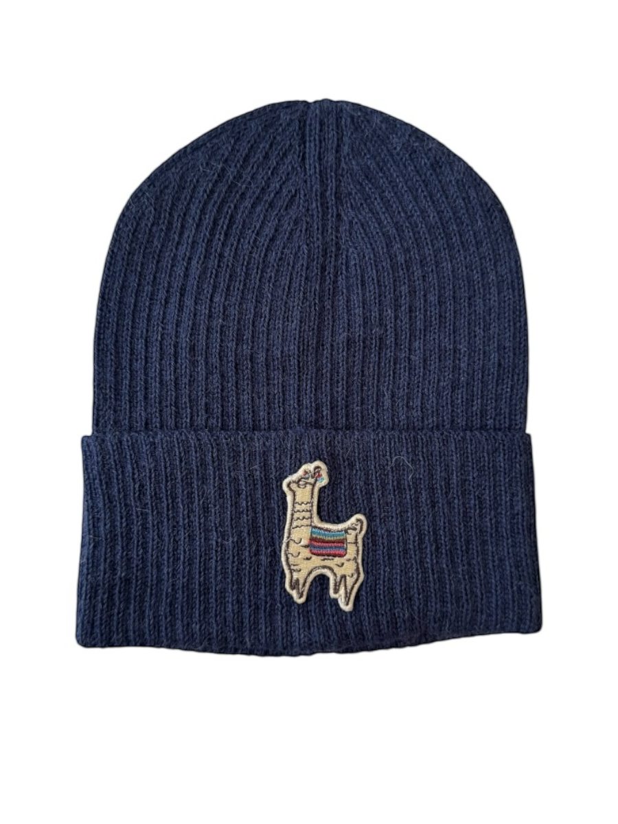 Navy blue beanie with a llama patch on a white background