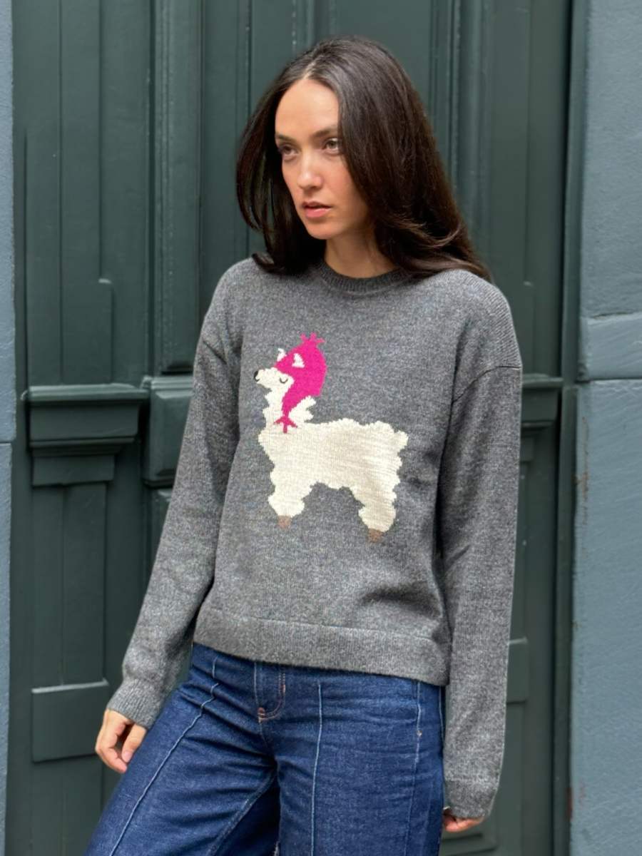 Woman wearing a grey sweater with a llama with a pink hat design, standing against a green door.