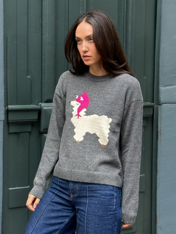 Woman wearing a grey sweater with a llama with a pink hat design, standing against a green door.