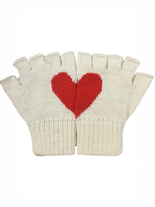 white alpaca knitted fingerless gloves with a red heart design that is formed when the hands are put together